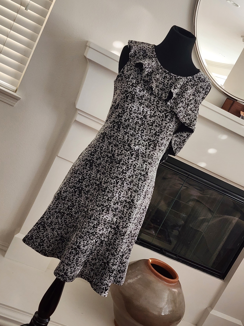 Michael Kors Black and White Textured Midi Dress with Ruffle Detail